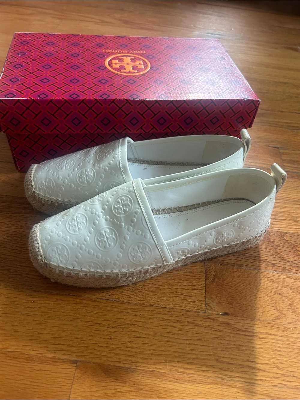 Tory Burch Cream Embossed Leather Espadrille Slip-Ons